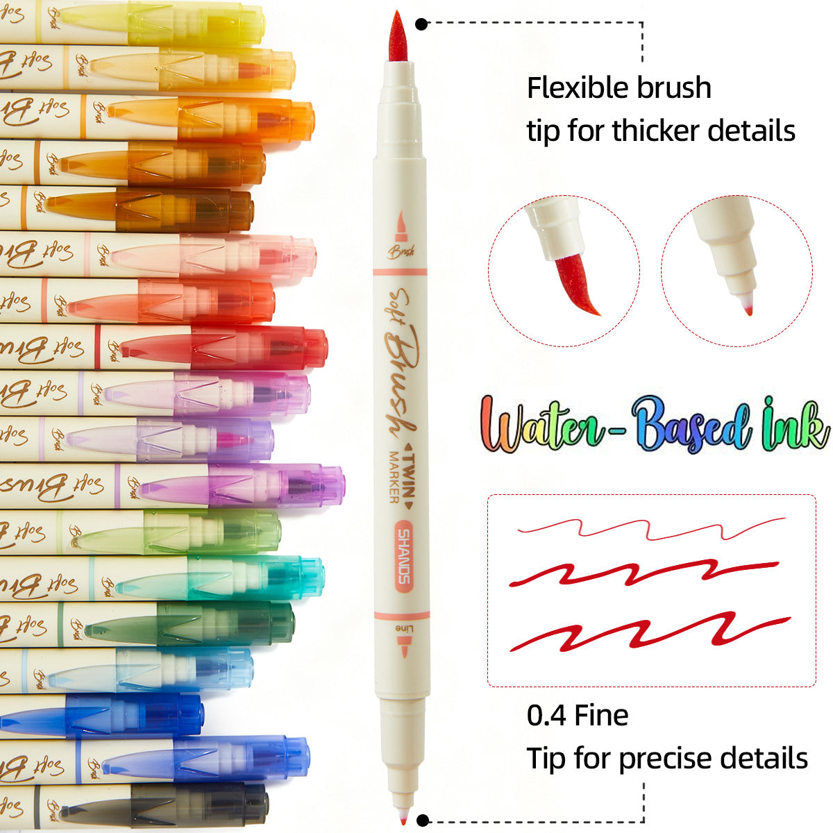 Dual-Tip Brush & Liner Pens — 18 Vintage Shades
